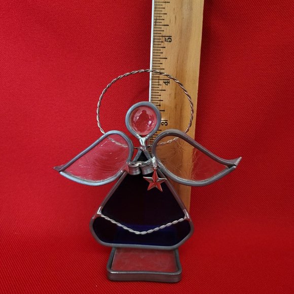 Vintage Stained Glass Free Standing Angel Holding a Star Blue Suncatcher - Picture 6 of 12